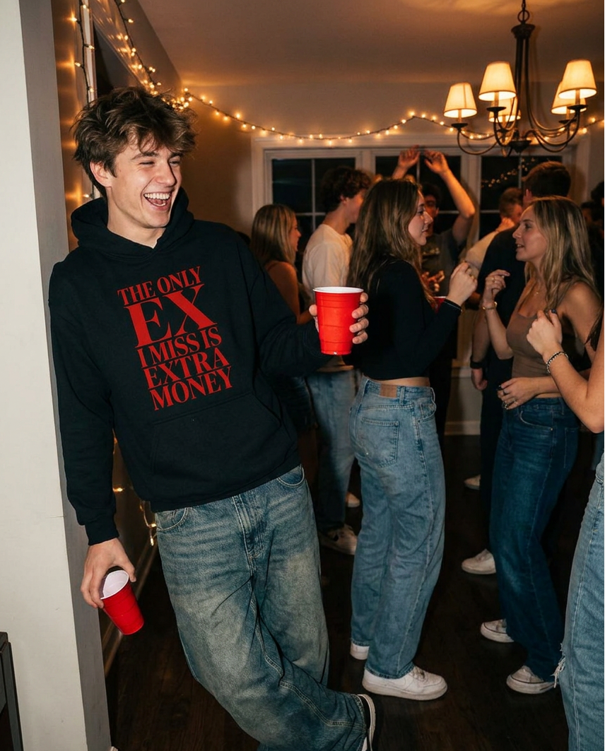 A young man laughing in a party setting, wearing a black hoodie with red text that reads 'THE ONLY EXISTENTIAL CRISIS IS EXTRA MONEY' and holding a red cup. Other partygoers are visible in the background.